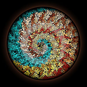 Colorful pattern in style of Gothic stained glass window with round frame. Multicolored Spiral Pattern