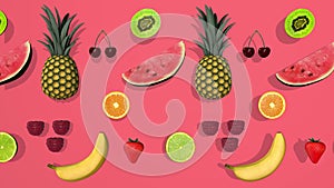 Colorful pattern with summer fruits 3D elements, video footage 4K loopable
