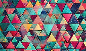 A colorful pattern of triangles is displayed on a wall.
