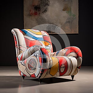 Colorful Patterned Armchair: A Postmodern Pastiche Of Anamorphic Art