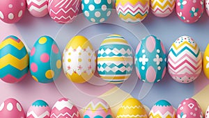 Colorful patterned Easter eggs on a geometric background. Spring holiday.