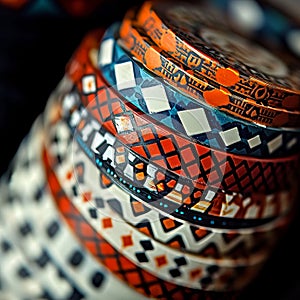 Colorful patterned ethnic bracelets on a dark background, close-up photo