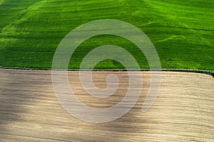 Colorful patterns in crop fields at farmland, aerial view, drone photo
