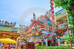 The colorful pavilion of Lao Pun Tao Kong shrine located in a maze of streets of Chinatown of Bangkok, Thailand