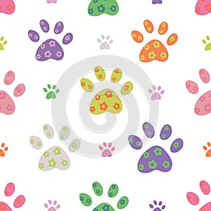 Colorful paw print with flowers seamless fabric design pattern