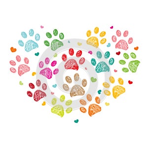 Colorful paw print made of hearts vector illustration