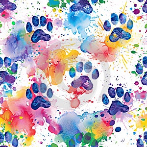 Colorful Paw Print Splash. Adorable Watercolor Prints in Various Sizes on a White Background