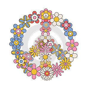 Colorful peace flower symbol. Famos sign made of daisy flowers. Linear color vector illustration.