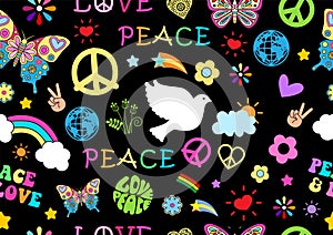 Colorful peace sign and symbols seamless wallpaper and gift wrapping on black background