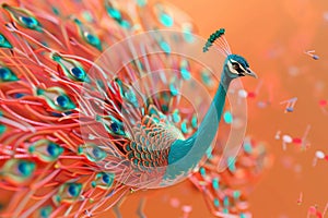 A colorful peacock with a blue head and red tail feathers with Generative AI
