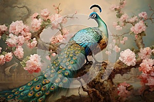 Colorful peacock on branch with 3D floral mural backdrop - Wall art canvas poster, generative Ai
