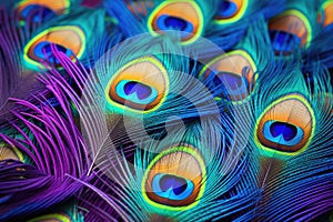 Colorful peacock feathers background. Close up of peacock feathers, Colorful peacock feathers against a vibrant background, Close-