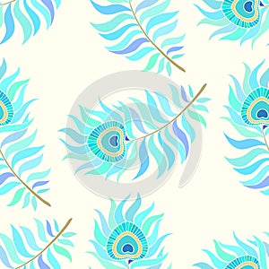 Colorful peacock feathers. Seamless vector pattern.