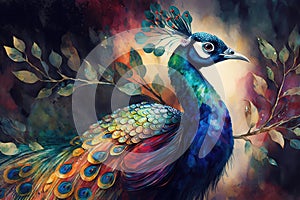 A colorful peacock spreading its feathers, painted with vibrant and iridescent watercolors Generative AI