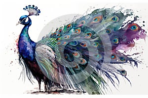 A colorful peacock spreading its feathers, painted with vibrant and iridescent watercolors Generative AI