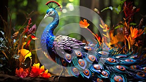 Colorful peacock in a unfocused natural forest setting, with its vibrant tail feathers. Concept of wildlife beauty, bird