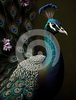 Colorful peacocks glittering feathers, long beautiful jewelry dotted feathers, AI Generative