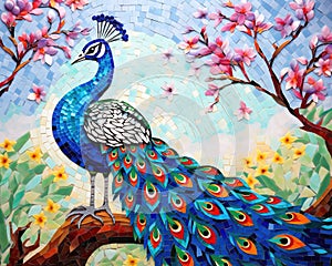 Colorful peacocks with multicolor glass are in a mosc background wall art. photo