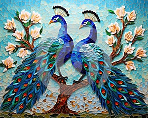 Colorful peacocks with multicolor glass are in a mosc background wall art. photo