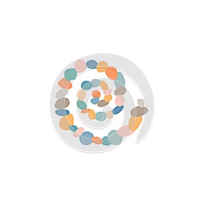 Colorful pebbles arranged in a spiral on white background for logo and marine design. Vector illustration