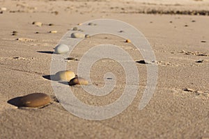 Colorful pebbles on sand. Round stones on the beach. Peaceful concept. Nature details.