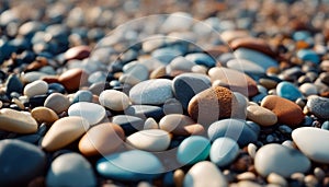 Colorful pebbles. Smooth rocks on the sea shore. Marine stones at sunset. AI generated