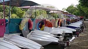 Colorful pedal boats parked in a long line