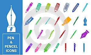 Colorful pen and pencil flat vector icon set