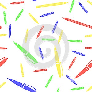 Colorful Pen and Pencil Seamless Pattern. Sharpened Pencils for Drawing. Randomly Scattered School Accessories.