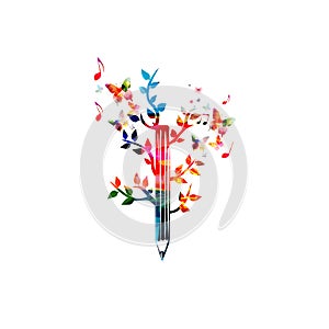 Colorful pencil with leaves for creative writing, idea and inspiration, education and learning concept. Blogging, composing and co