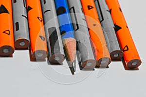 colorful pencil ,line of colored pencils,Oregon pencil ,yellow and blue pencil with rubber,special pencil with rubber,close up