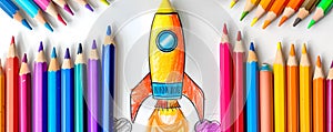 Colorful Pencil Rocket Launching Into Creativity. School Supplies Imagined as Spacecraft. Artistic Drawing Inspiration