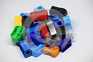 Colorful pencil sharpeners on a white background