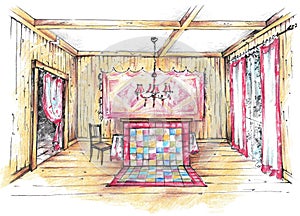 Colorful pencil sketch of a country house. Interior of a dining Room