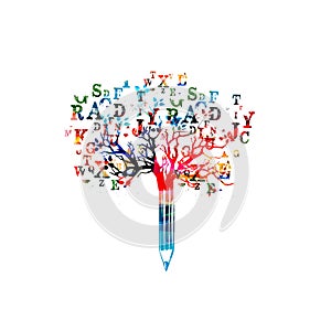 Colorful pencil tree vector illustration with font letters. Typeset design for news, creative writing, storytelling, blogging, edu