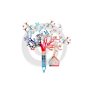Colorful pencil tree vector illustration with hummingbirds. Design for creative writing and creation, storytelling, blogging, educ