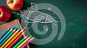 Colorful pencils and apples beside a chalkboard rocket drawing. Creative education concept in a classroom setting