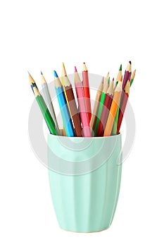 Colorful pencils in cup isolated on a white