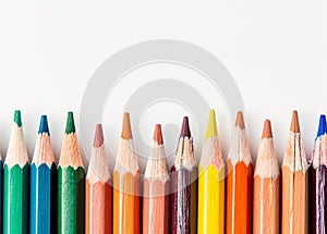 Colorful pencils lined up against a white background