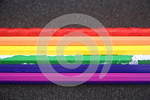 Colorful pencils of rainbow colors red orange yellow green blue purple. Top view, flat lay. lgbt equal rights concept