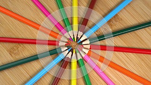 Colorful pencils rotate as sun rays background. Rainbow pencils for drawing. Assortment of colored pencils. Back to