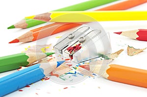 Colorful pencils and sharpener