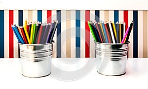 Colorful pencils in two pails on background.