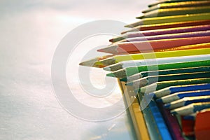 Colorful Pencils on white background, stationery art material for students. pencil sketch pen. selective focus on object backgroun