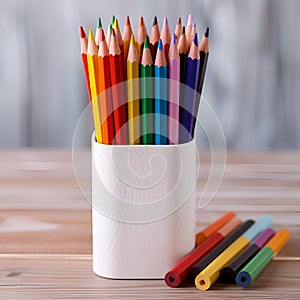 Colorful pencils in white container. Back to school. Generated AI Image