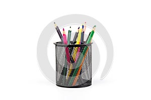 Colorful pencils in wire mesh cup , education or back to school concept