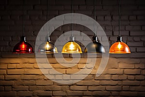 Colorful Pendant Lights Hanging from Brick Wall AI Generated