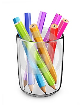 Colorful pens in glass. 3D Icon isolated