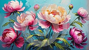 colorful peony flower close-up pastel oil pallet knife paint painting on canvas Generative A