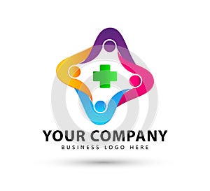 Colorful People Four Group Team with healthcare sign new trendy icon, Logo.